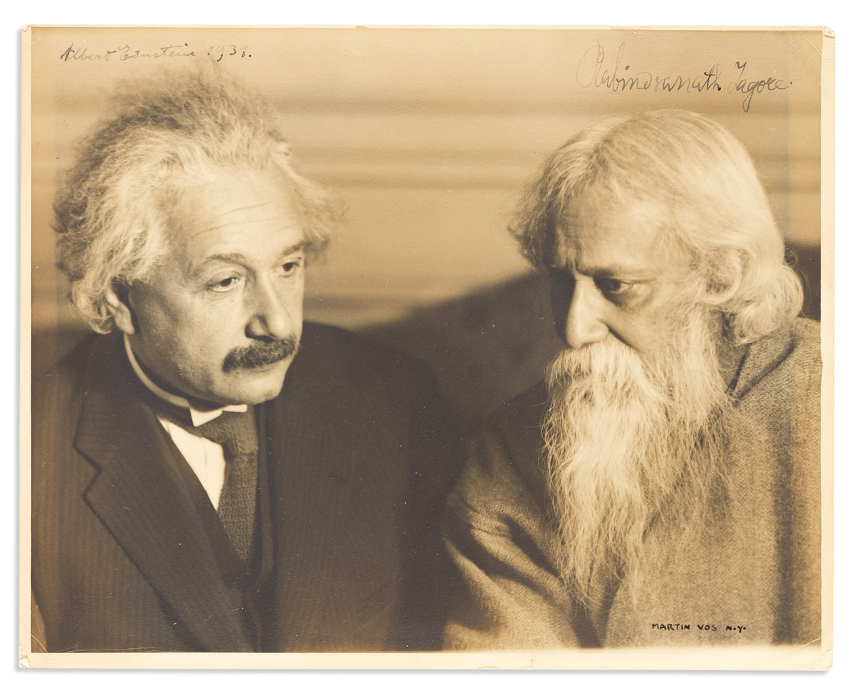 (SCIENTISTS.) EINSTEIN, ALBERT; AND RABINDRANATH TAGORE. Photograph Signed, by both, additionally dated by Einstein, half-length portra